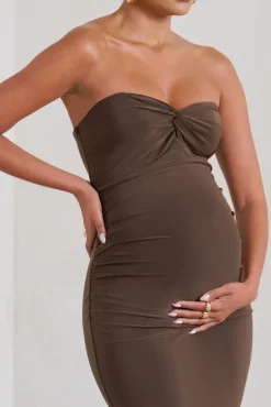 Evita | Brown Maternity Sweetheart Twist Detail Midi Dress