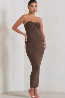 Evita | Brown Maternity Sweetheart Twist Detail Midi Dress