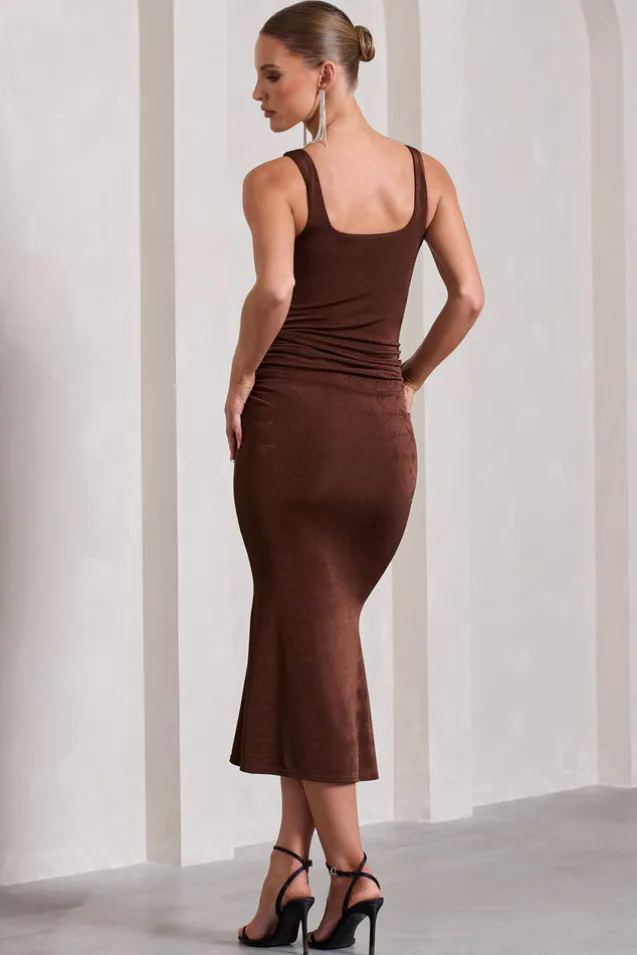 Evora | Chocolate Ruched Square-Neck Fishtail Midi Dress