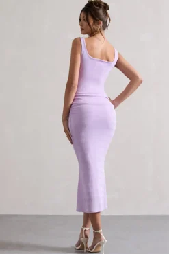 Evora | Lilac Ruched Square-Neck Fishtail Midi Dress