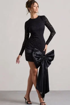 Evry | Black Lace Long-Sleeve Mini Dress With Oversized Satin Bow