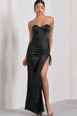 Expose | Black Satin Sweetheart Corset Asymmetric Maxi Dress