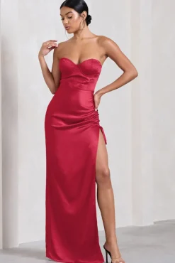 Expose | Red Satin Sweetheart Corset Asymmetric Maxi Dress