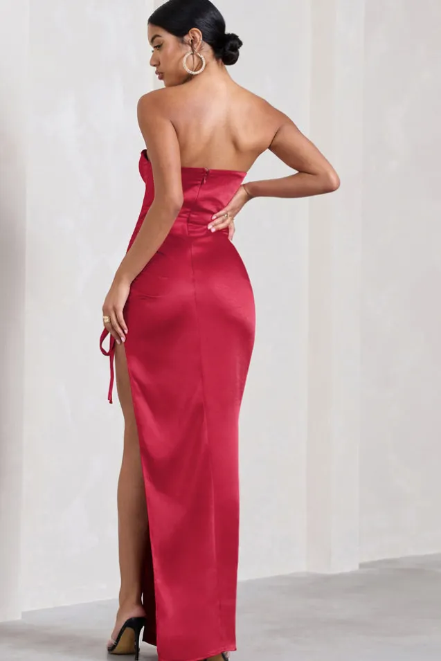Expose | Red Satin Sweetheart Corset Asymmetric Maxi Dress