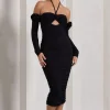 Extra Special | Black Ruched Halter-Neck Midi Dress With Flowers