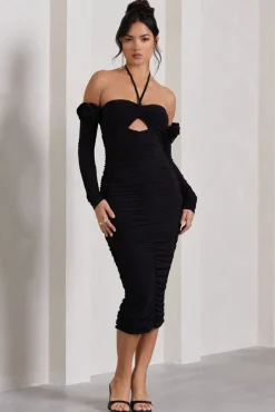 Extra Special | Black Ruched Halter-Neck Midi Dress With Flowers