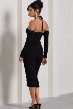 Extra Special | Black Ruched Halter-Neck Midi Dress With Flowers