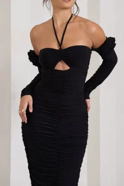 Extra Special | Black Ruched Halter-Neck Midi Dress With Flowers