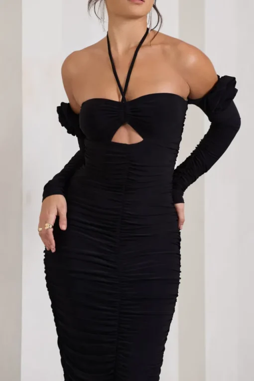 Extra Special | Black Ruched Halter-Neck Midi Dress With Flowers