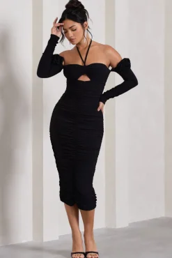 Extra Special | Black Ruched Halter-Neck Midi Dress With Flowers