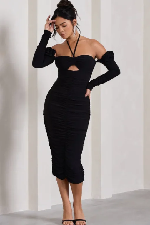 Extra Special | Black Ruched Halter-Neck Midi Dress With Flowers