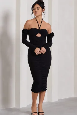 Extra Special | Black Ruched Halter-Neck Midi Dress With Flowers