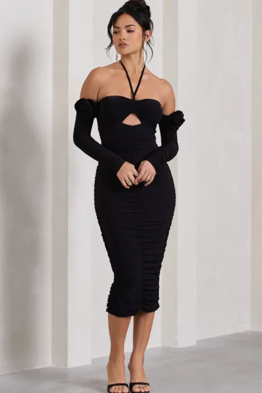Extra Special | Black Ruched Halter-Neck Midi Dress With Flowers