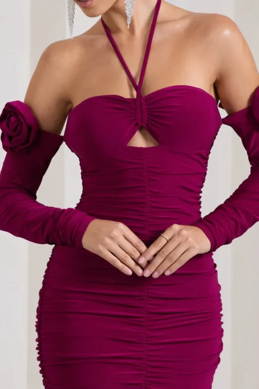 Extra Special | Dark Cherry Ruched Halter-Neck Midi Dress With Flowers