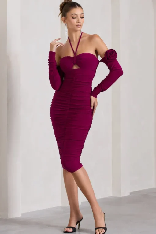 Extra Special | Dark Cherry Ruched Halter-Neck Midi Dress With Flowers