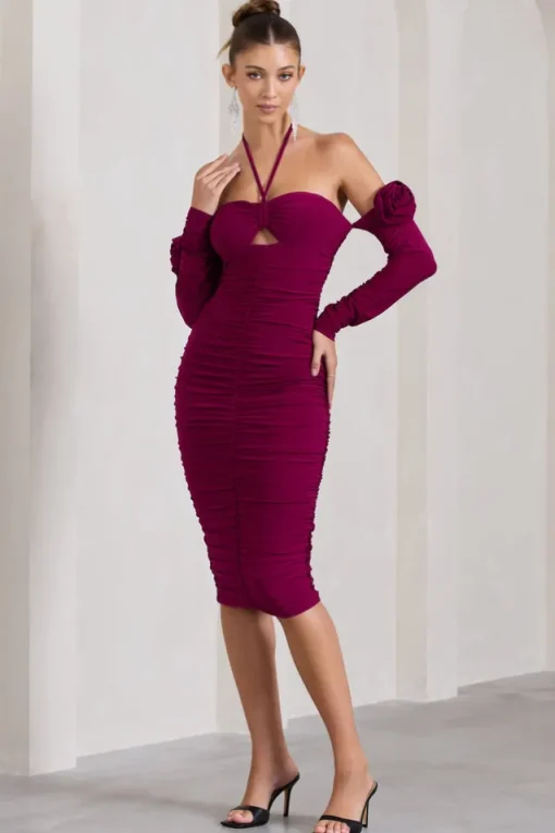 Extra Special | Dark Cherry Ruched Halter-Neck Midi Dress With Flowers