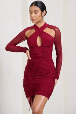 Eyes On You | Berry Long Sleeve Halter Neck Mini Dress
