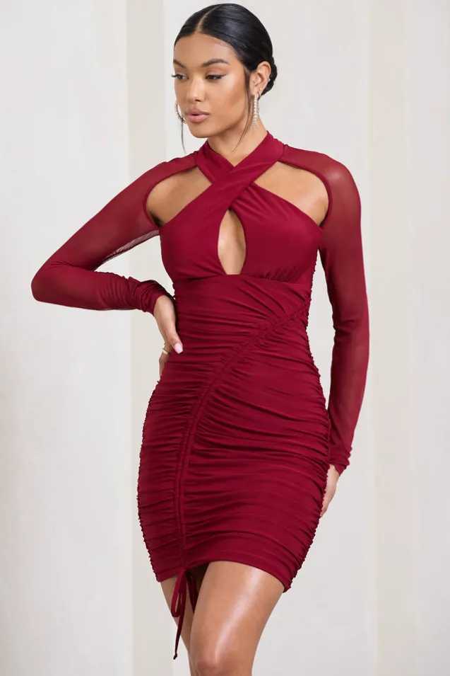 Eyes On You | Berry Long Sleeve Halter Neck Mini Dress
