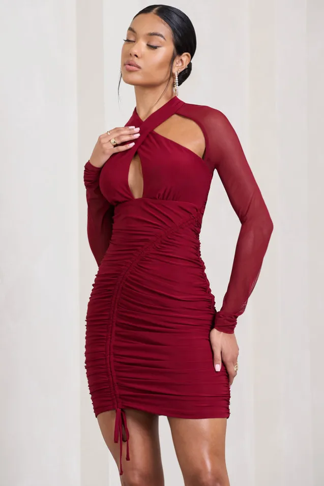 Eyes On You | Berry Long Sleeve Halter Neck Mini Dress