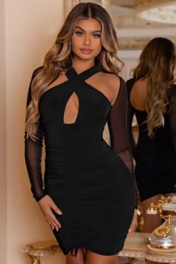 Eyes On You | Black Long Sleeve Halter Neck Mini Dress