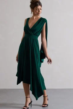 Fable | Bottle Green Plunge-Neck Maxi Dress With Cape Sleeve