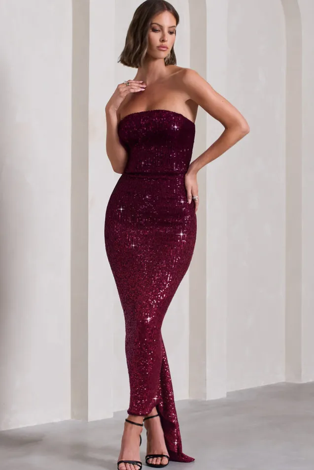 Fade | Berry Ombre Sequin Bandeau Bodycon Maxi Dress