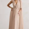 Fairytale | Champagne Plunge-Neck Chiffon Maxi Dress With Cape Sleeve