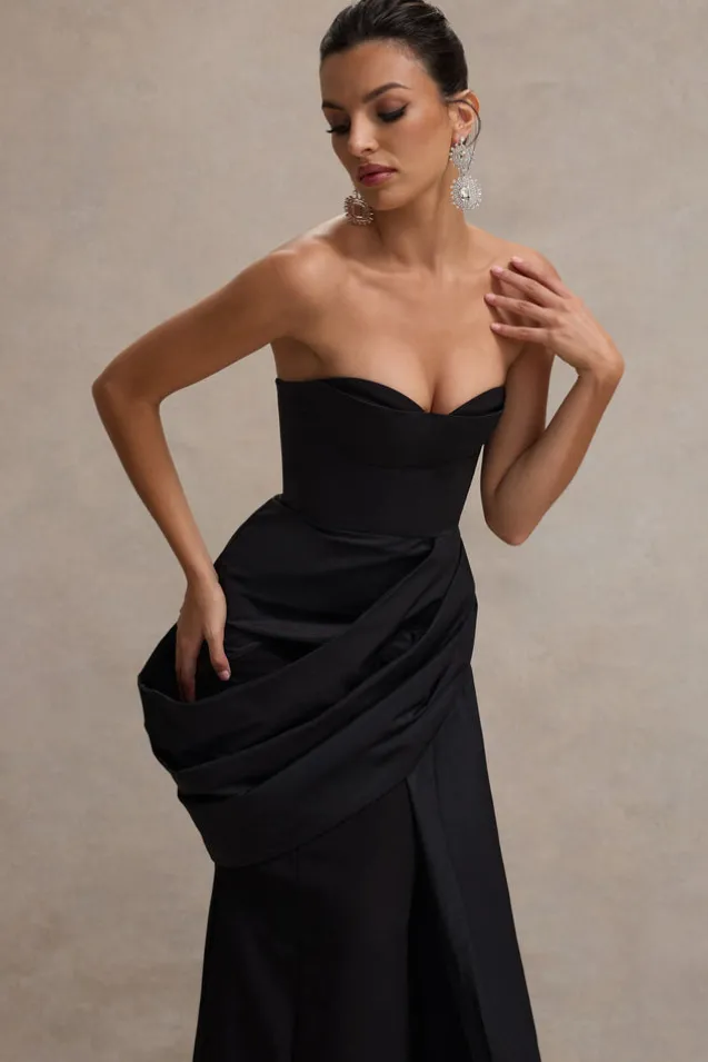 Fallen | Black Strapless Corset Maxi Dress With Drape