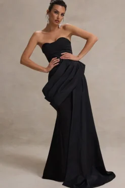 Fallen | Black Strapless Corset Maxi Dress With Drape