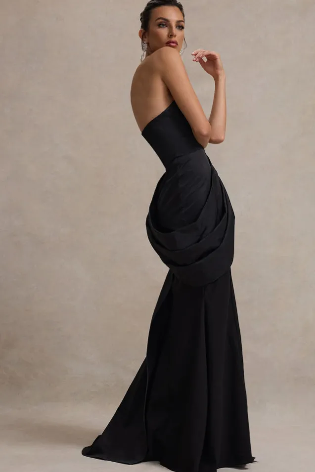 Fallen | Black Strapless Corset Maxi Dress With Drape
