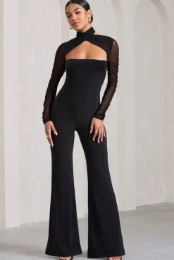 Fallon | Black Flared-Leg Jumpsuit With Long Mesh Sleeves