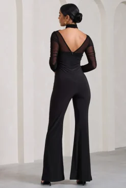 Fallon | Black Flared-Leg Jumpsuit With Long Mesh Sleeves