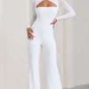 Fallon | White Flared-Leg Jumpsuit With Long Mesh Sleeves