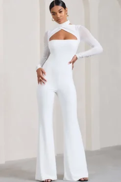 Fallon | White Flared-Leg Jumpsuit With Long Mesh Sleeves