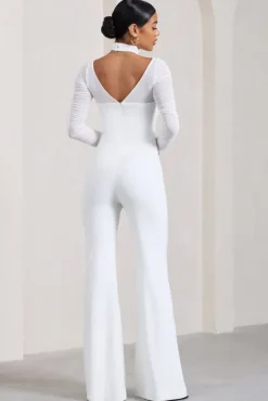 Fallon | White Flared-Leg Jumpsuit With Long Mesh Sleeves