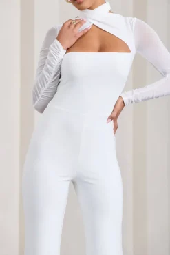 Fallon | White Flared-Leg Jumpsuit With Long Mesh Sleeves