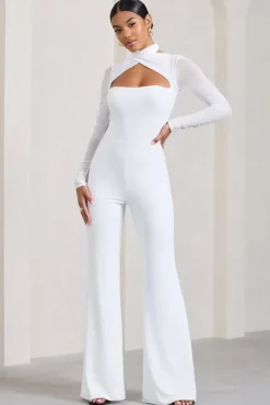 Fallon | White Flared-Leg Jumpsuit With Long Mesh Sleeves