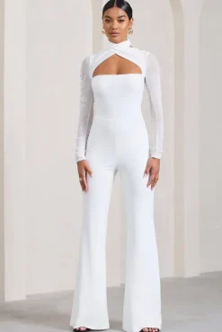 Fallon | White Flared-Leg Jumpsuit With Long Mesh Sleeves
