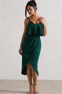 Faro | Bottle Green Strappy Draped-Neck Wrap Midi Dress