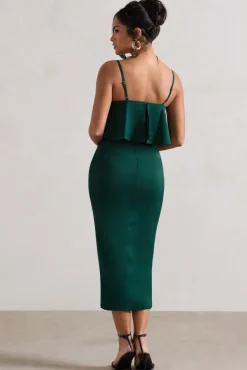 Faro | Bottle Green Strappy Draped-Neck Wrap Midi Dress