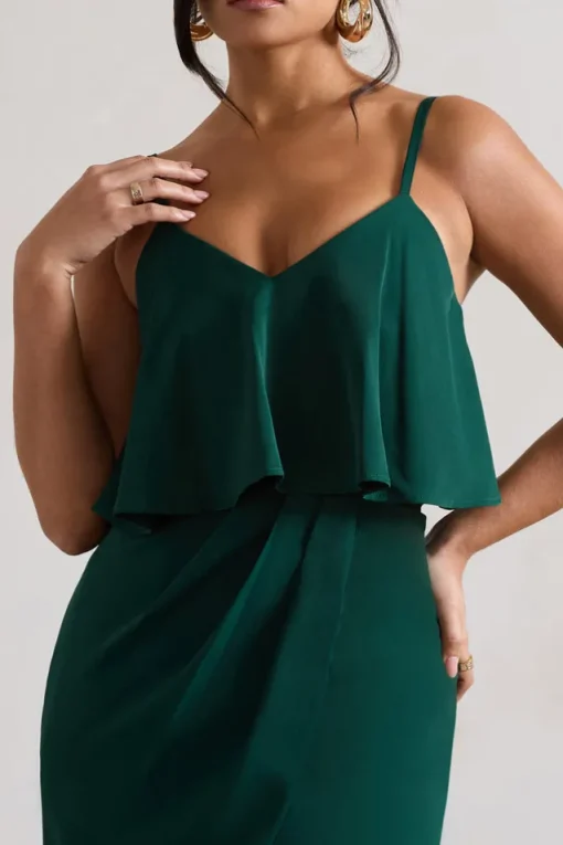 Faro | Bottle Green Strappy Draped-Neck Wrap Midi Dress