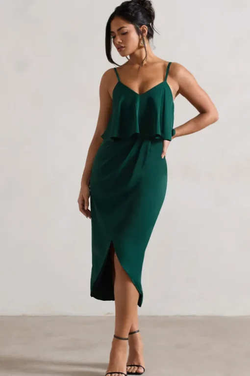 Faro | Bottle Green Strappy Draped-Neck Wrap Midi Dress