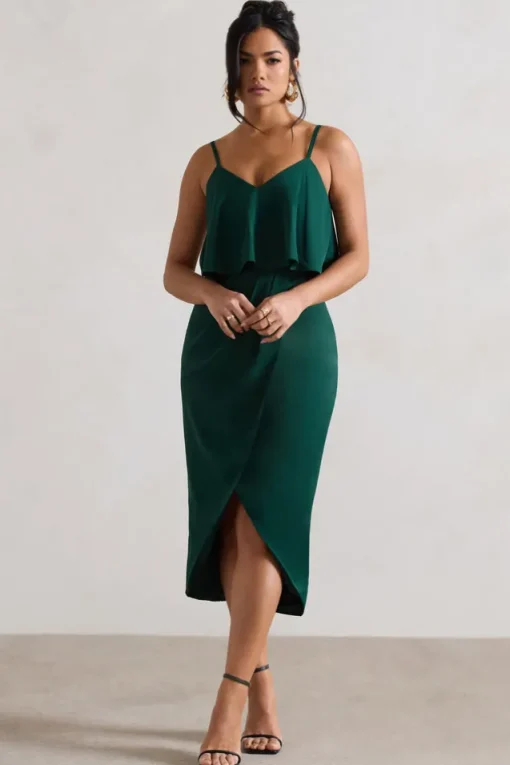 Faro | Bottle Green Strappy Draped-Neck Wrap Midi Dress