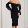Favor | Black Ruched Mesh Bardot Midi Dress