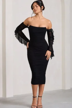 Favor | Black Ruched Mesh Bardot Midi Dress