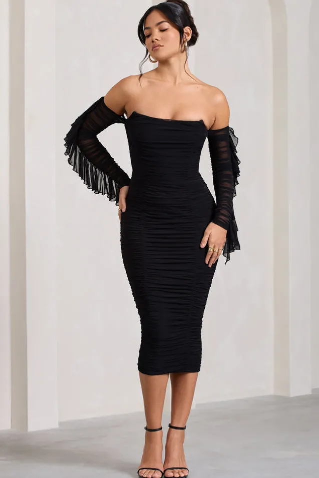 Favor | Black Ruched Mesh Bardot Midi Dress