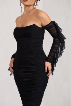 Favor | Black Ruched Mesh Bardot Midi Dress