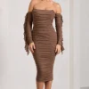 Favor | Mocha Ruched Mesh Bardot Midi Dress