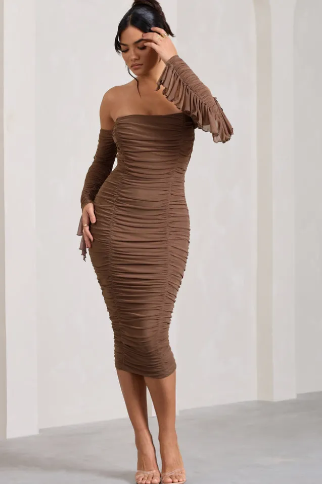 Favor | Mocha Ruched Mesh Bardot Midi Dress