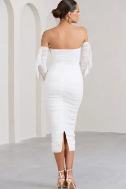 Favor | White Ruched Mesh Bardot Midi Dress